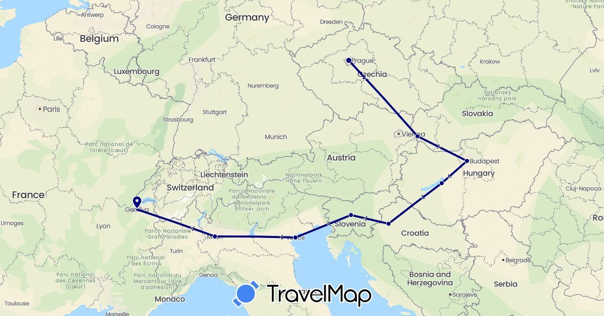 TravelMap itinerary: driving in Switzerland, Czech Republic, Croatia, Hungary, Italy, Slovenia, Slovakia (Europe)
